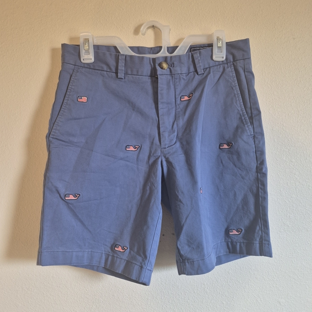 Vineyard Vines Blue Shorts with Pink Whale Pattern